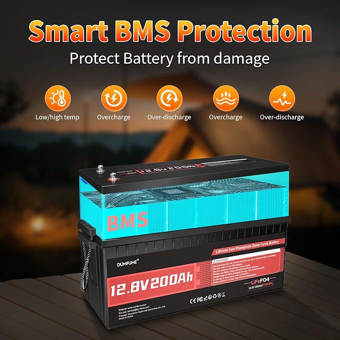 2 pack Dumfume 12V 200Ah LiFePO4 Lithium Battery, 2560Wh Energy, 1280W Load