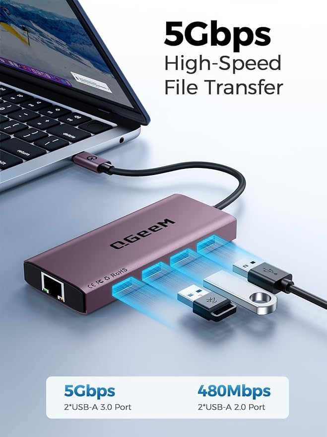 QGeeM USB C Hub Ethernet, 9 in 1 USB Type C Hub HDMI Multi-Port Converter