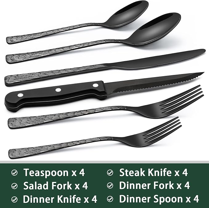 EWFEN 24-Piece Black Silverware Set