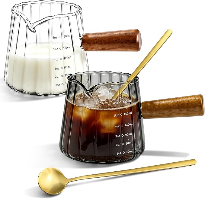 2 Pack Espresso Measuring Cups & 2 Spoons, 6oz Gray & Clear Borosilicate Glass