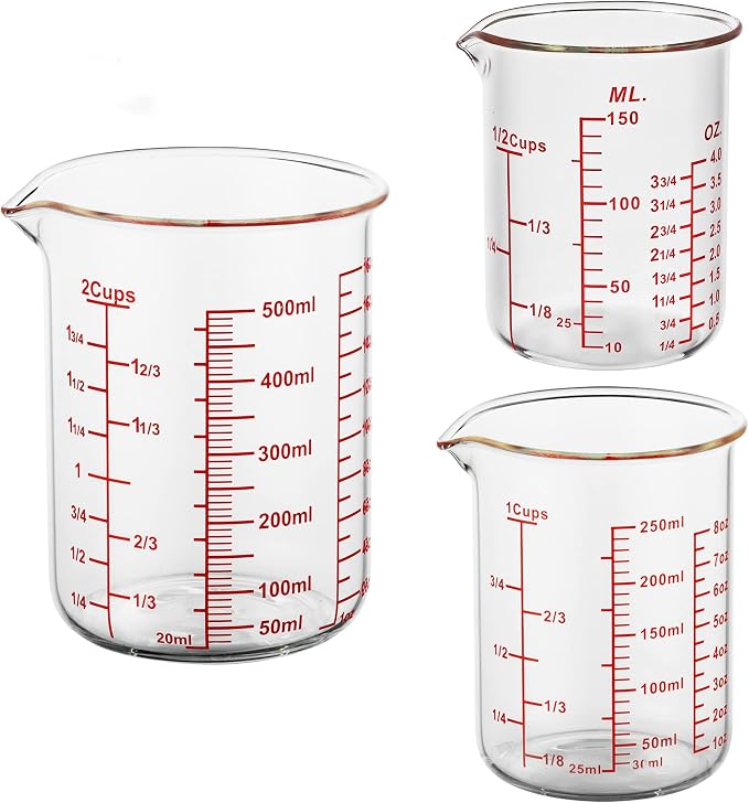 3 Piece Glass Measuring Cup Set, Includes 1/2-Cup, and 2-Cup High Borosilicate