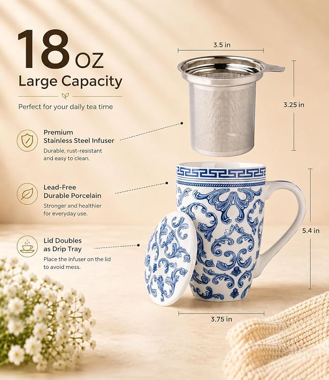 AmorArc Tea Cup With Infuser and Lid, 18oz Loose Leaf Tea Mug With Steeper |