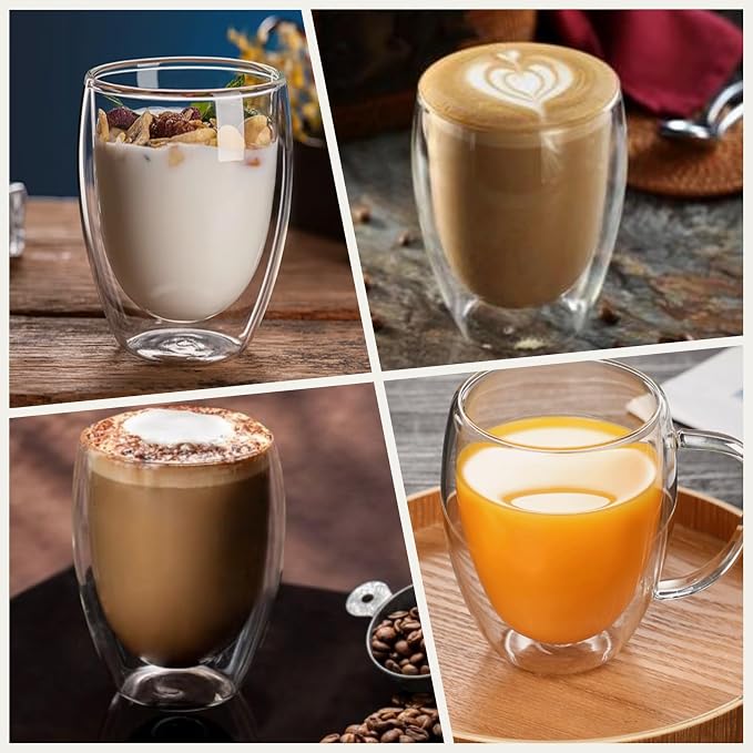 DINGPAI 4 Pack Double Wall Glass Coffee Mugs, 12oz Clear Coffee Cups | Heat