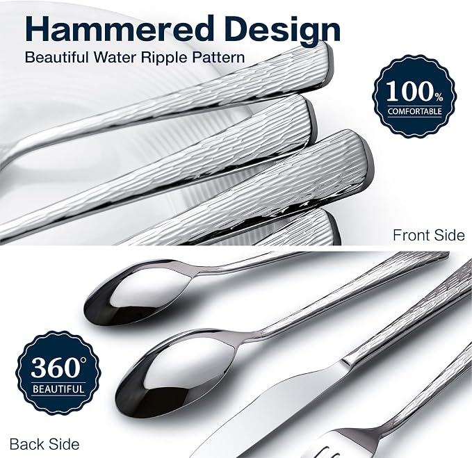 Silverware Set for 12, 60 Piece Flatware Set, 18/10 Stainless Steel | Hammered