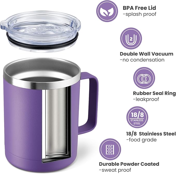 MEWAY 12oz Coffee Mug With Handle 2 Pack Bulk, Stainless Steel Insulated Travel