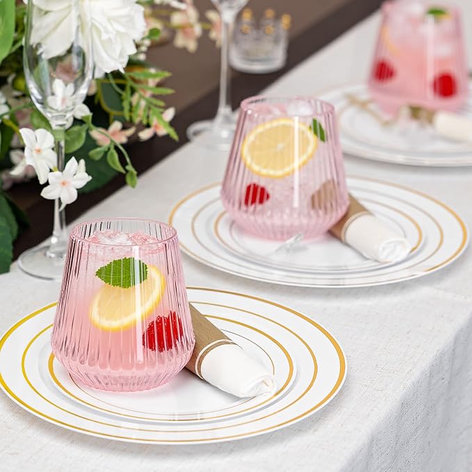 N9R 40PCS Pink Plastic Wine Glasses Disposable, 14 oz Cocktail & Spritz | Pink