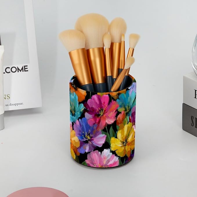Leather Pen Holder for Desk, Oil Painting Flower Pencil Cup Pen Organizer
