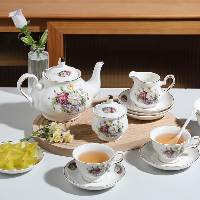 Sweejar Porcelain Tea Set Vintage Floral, British Relief Gold Rim Teapot Cup