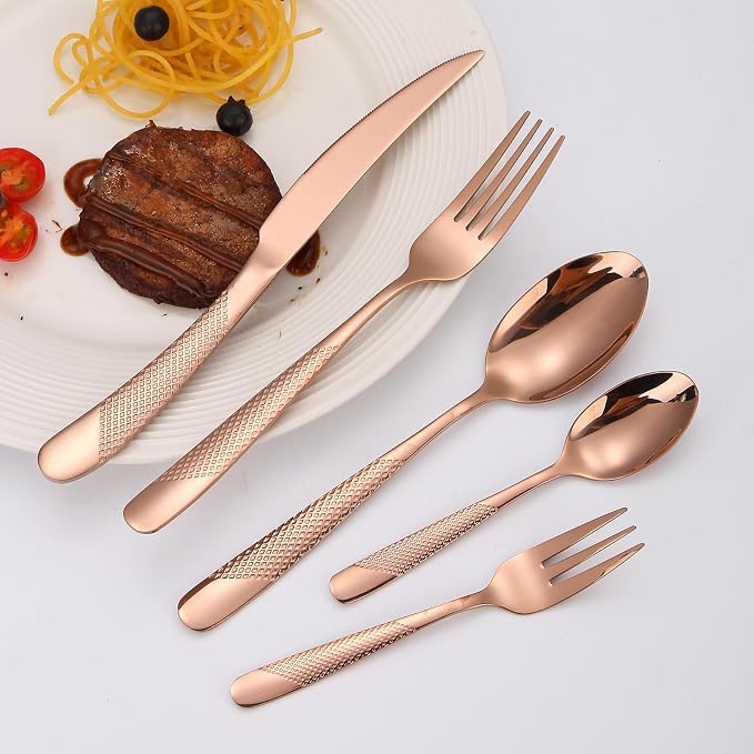 Hammered Flatware Set Copper/Rose Gold Silverware 20 Piece Stainless Steel