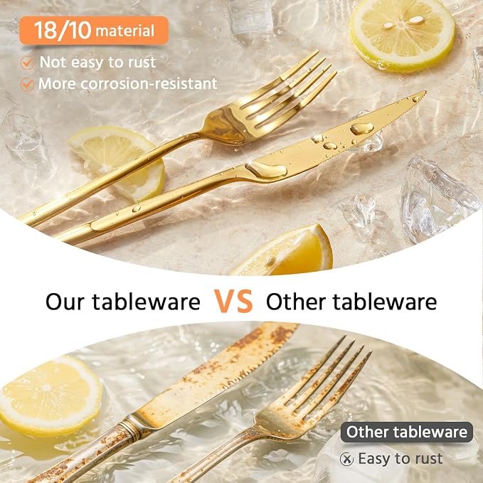 18/10 Silverware Set for 12, 60 Piece Gold Stainless Steel Flatware Cutlery |