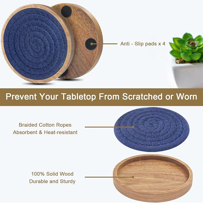 Eykao 6 Pack Coasters for Drinks Absorbent, Wooden Coasters for Coffee Tables