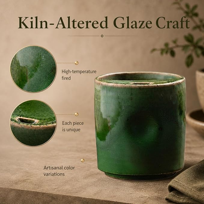 18oz Ceramic Coffee Mug with Hole, Vintage Kiln Style Handleless Tumbler