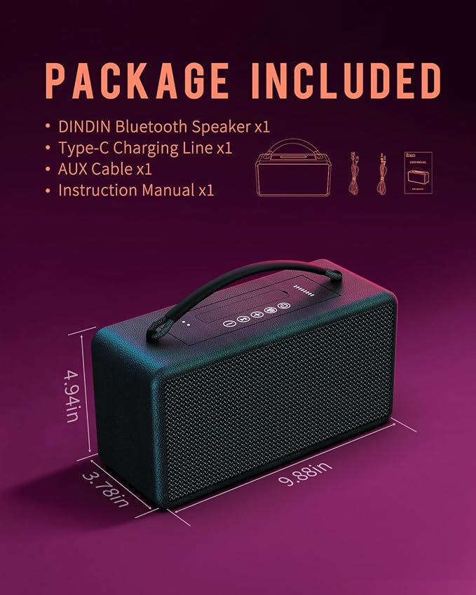 DINDIN Portable Bluetooth Speaker: 80W, 20H Playtime, Loud Wireless Wood
