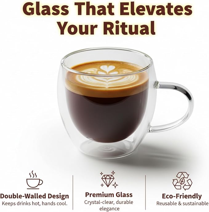 Casafoyer 9 Oz Double Wall Glass Coffee Cups Set of 4, Borosilicate Espresso