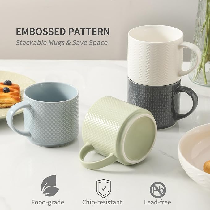 HASENSE Coffee Mugs with Metal Stand, 15 oz Ceramic Stackable Mug Set Embossed