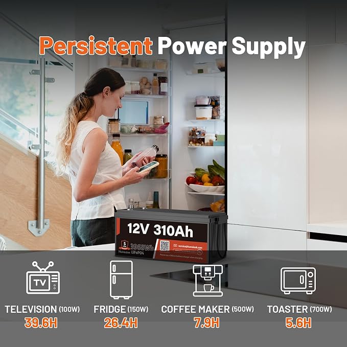 12V 310Ah LiFePO4 Lithium Battery – Max. 3968Wh Solar/RV/Off-Grid Power