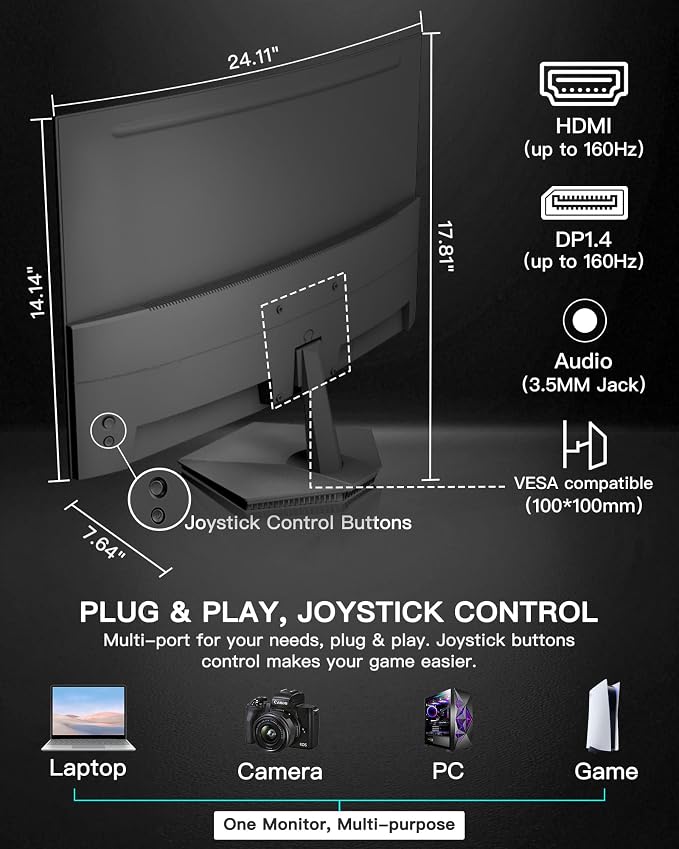 SANSUI 27 Inch Curved 160Hz Gaming Monitor, 1500R Curved Computer Gaming