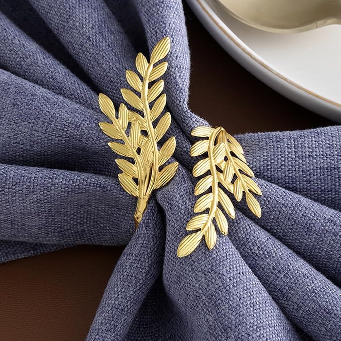 14K Gold Napkin Rings Set of 12, Metal Gold Leaf Napkins Rings Holder Buckles