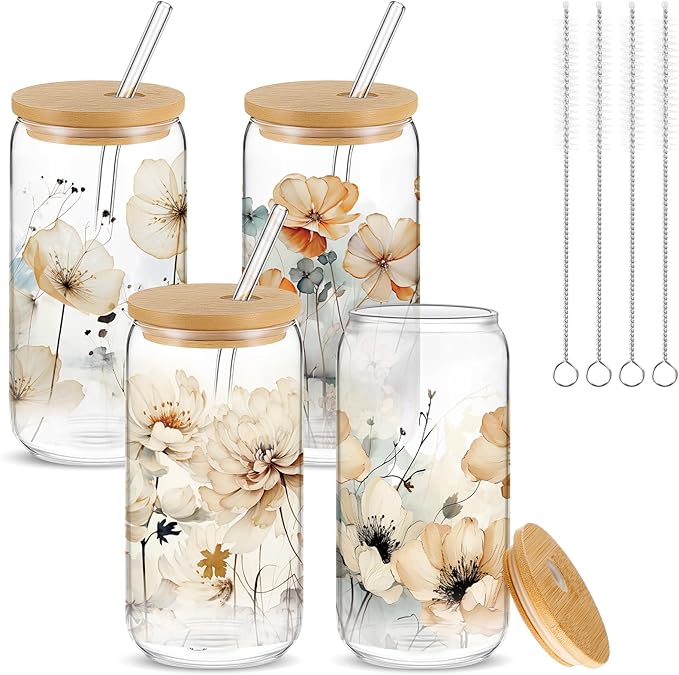 Mumufy 4 Pack Wildflower Glass Cups Gift Aesthetic Cute Glass Cup Tumbler