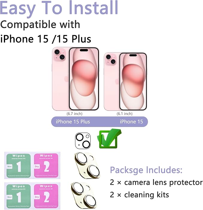 2 Pack Camera Lens Protector for iPhone 15 / iPhone 15 Plus, AR Tempered Glass