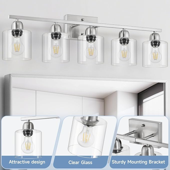 Modern Brushed Nickel 5 Light Bathroom Vanity Light