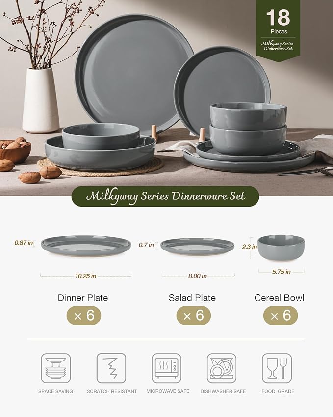 Famiware Milkyway 18-Piece Stoneware Dinnerware Set, Dark Gray | Plates and
