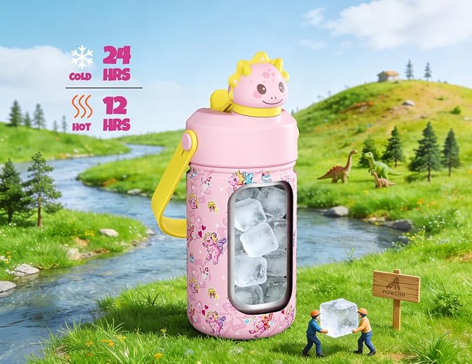 POWCAN 12 oz Kids Water Bottle: 2-in-1 Straw Spout Lid
