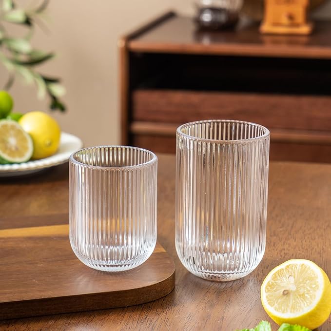 Ribbed Drinking Glasses 8pcs, Rocks Drinking Glasses 12oz and 10oz, Tumbler