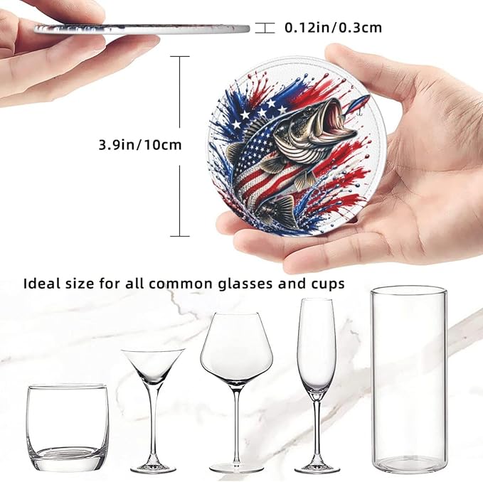 Patriotic Bass Fishing Splash Leather Coasters Set of 6