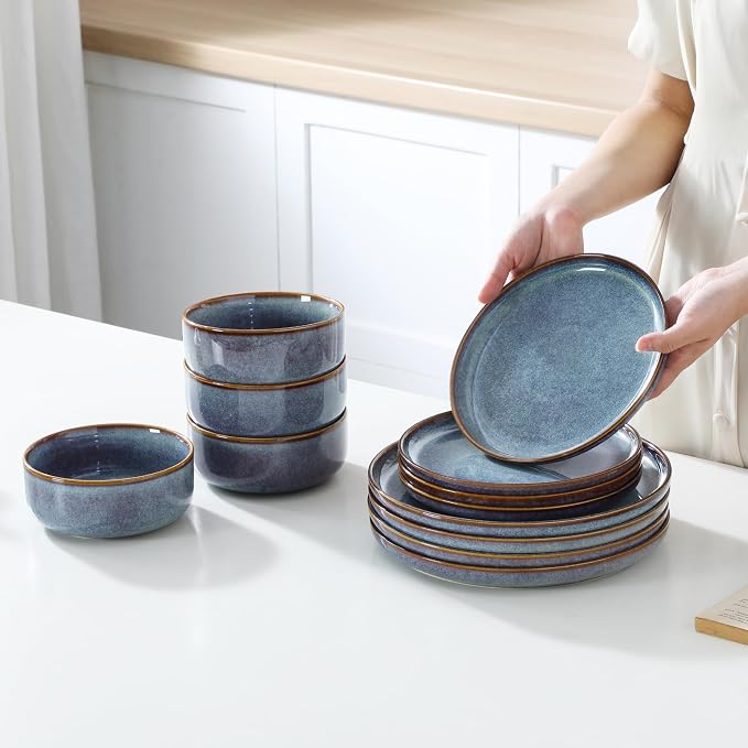 vancasso PLAYA Plates and Bowls Sets, 12 Pieces Grey-Blue Dinnerware Sets