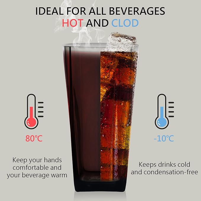 Goldmeet Black Glass Cups Set of 8, 20oz Shatterproof Square Tumblers | BPA-Free