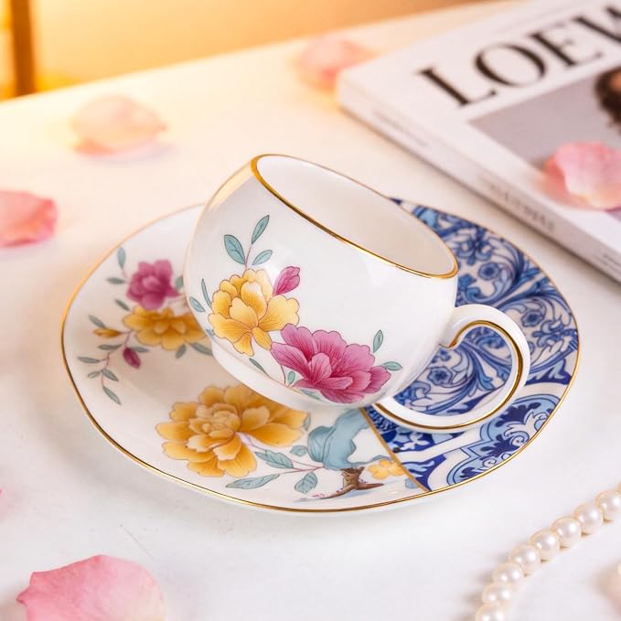 KAMMAK Tea Cups and Saucers Set of 2, Fine Bone China Coffee Cups, GH015 |