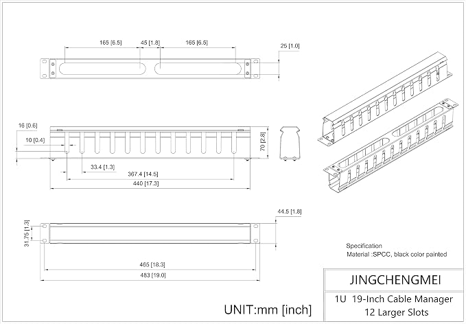 Jingchengmei 2 Pack of All Metal 1U Cable Management Horizontal Rack Mount