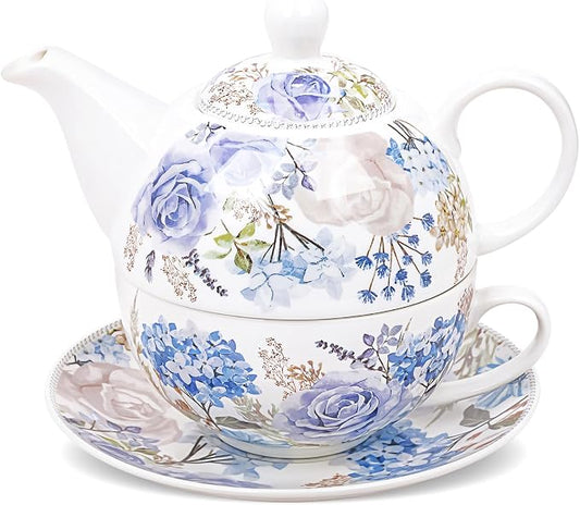 fanquare Blue and Purple Roses and Hydrangeas Porcelain Tea