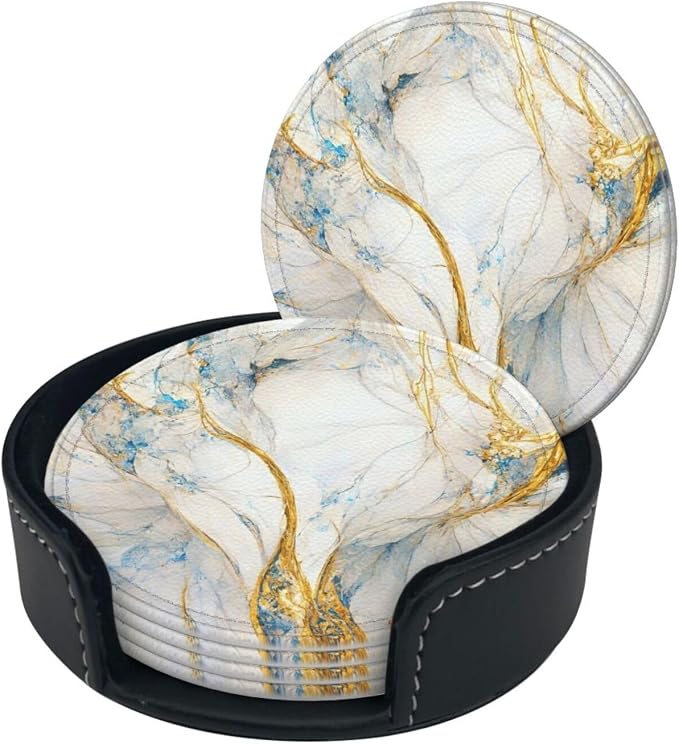 6 Pcs Abstract Luxury Blue Gold White Colors Marble Leather Coasters