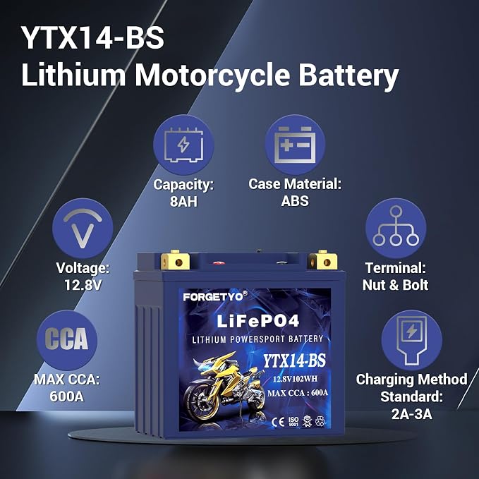 YTX14-BS Lithium Motorcycle Battery, ATV Battery 12V 8AH 600CCA Compatible