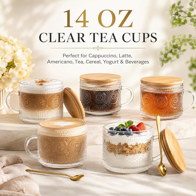 Semderm Vintage Glass Coffee Mugs Set of 4, Overnight Oats Containers - 14oz