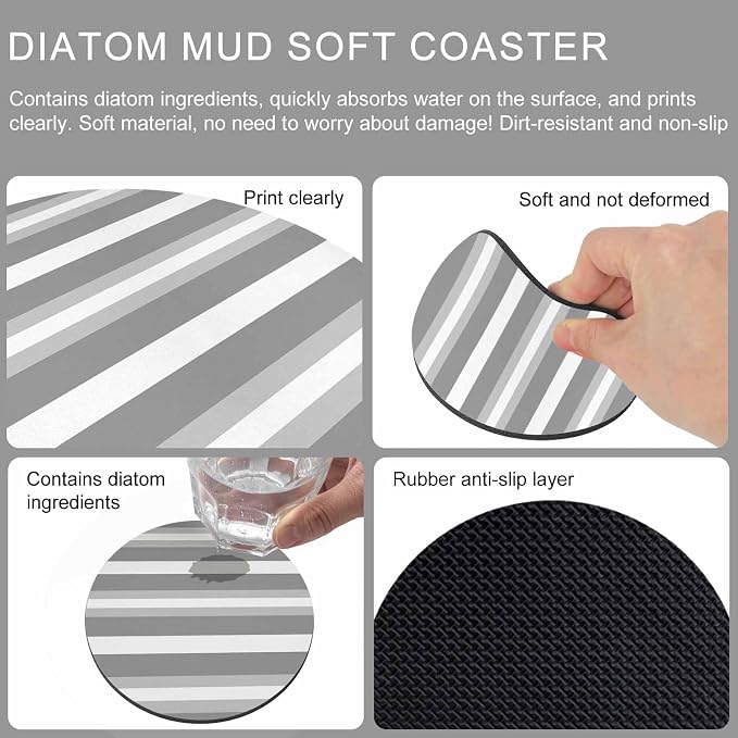Grey Stripe Coasters Set of 2, Minimalist Farmhouse Striped Soft Absorbent