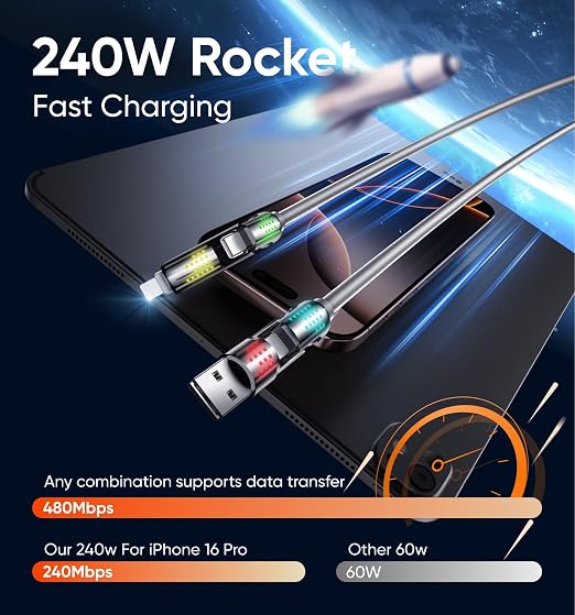 MAGIC JOHN 240W 4 in 1 Charging Cable, 6.6FT USB C to Lightning Cable, Chubby