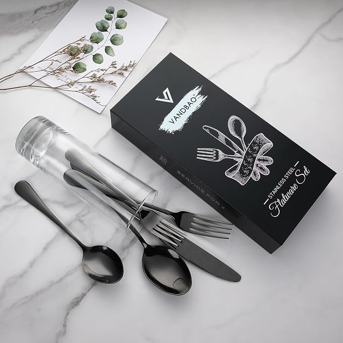 VANDBAO Black Flatware Cutlery Silverware Set 20 Pieces, Stainless Steel