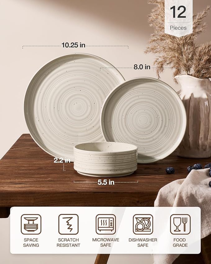 Stoneware Dinnerware Sets for 4, Reactive Glaze Plates & Bowls, Shell Beige |