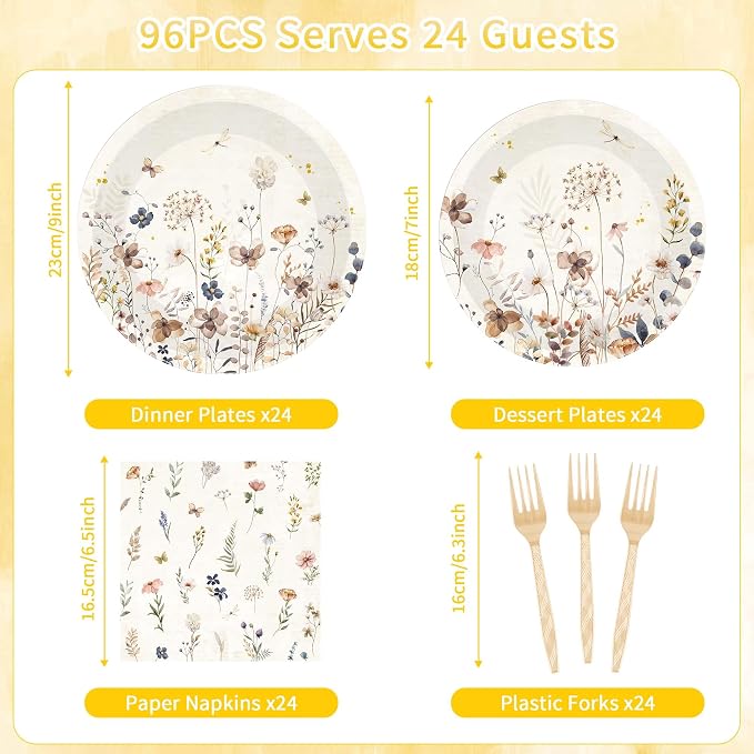 96 Pcs Wildflower Party Decorations, Floral Tableware Set | Serves 24 guests