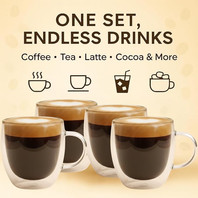 Casafoyer 9 Oz Double Wall Glass Coffee Cups Set of 4, Borosilicate Espresso