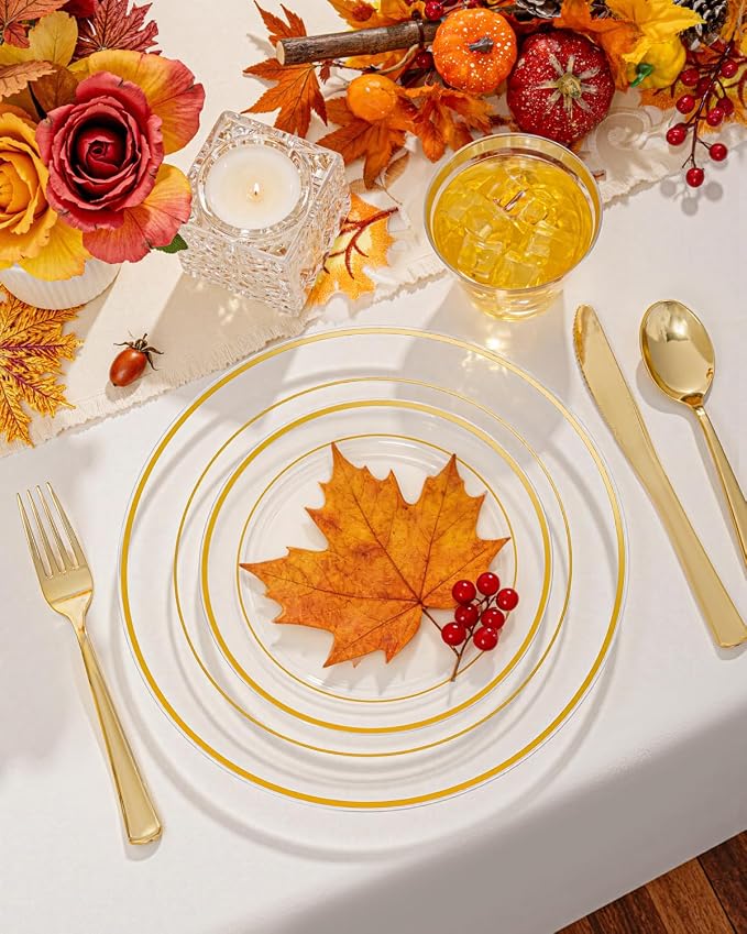 bUCLA 150Pcs Clear Gold Plastic Dinnerware Set