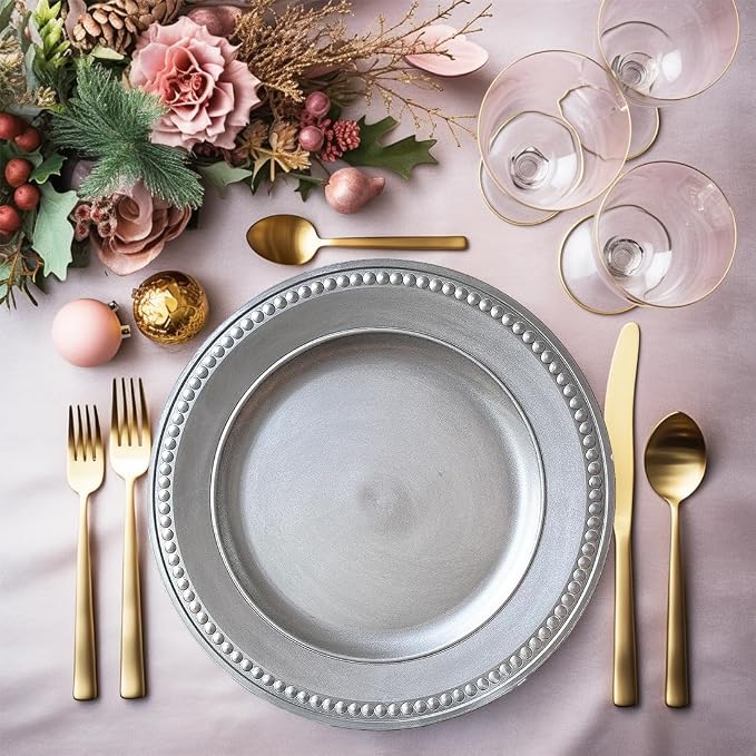 Antique Silver Charger Plates, 13 Inch Vintage Dinner Plate Chargers Round