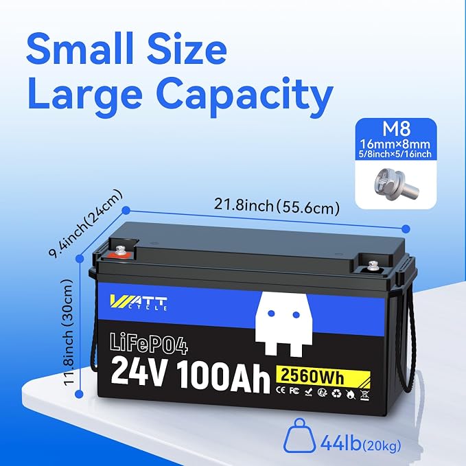 Lifepo4 Battery 100AH 24V Lithium Battery Built-in 100A BMS, Solar System Home