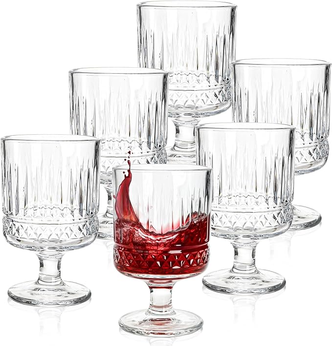 6 Pack Vintage Glass Goblets, 7.5 OZ Small Clear Wine Glasses, Retro Embossed