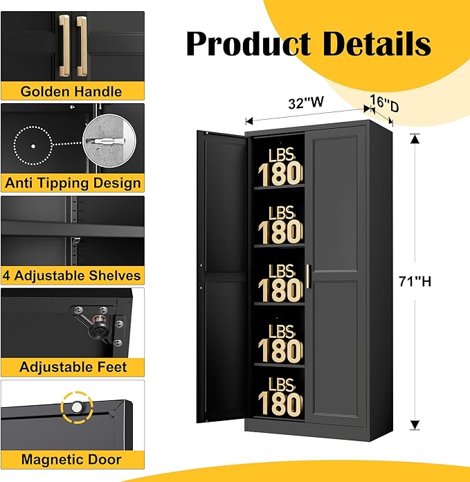 Kitchen Pantry Cabinet, 71”Black Metal Pantry Storage Cabinet