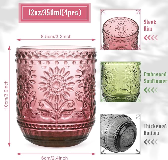 Topsky Vintage Drinking Glass Set of 4, 12 oz Embossed Floral Drinkware Set