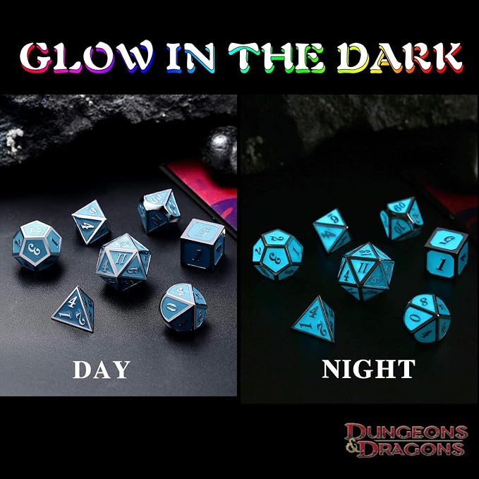 DnDnD Glowing DND Metal Dice Set, Luminous Blue Metal Dice